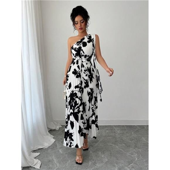 NEW - Elegant Women's Floral Pleated Elegant One Shoulder Dress - Picture 4 of 7